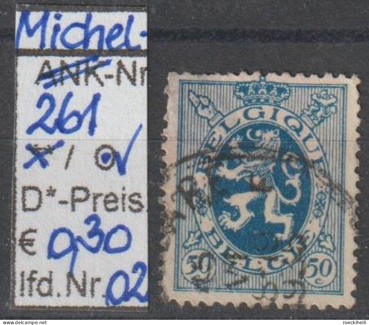 1929 - BELGIEN - FM/DM "Wappenschild" 50 C Blau - O  Gestempelt - S.Scan (261o 01-02 Be) - 1929-1937 Heraldic Lion