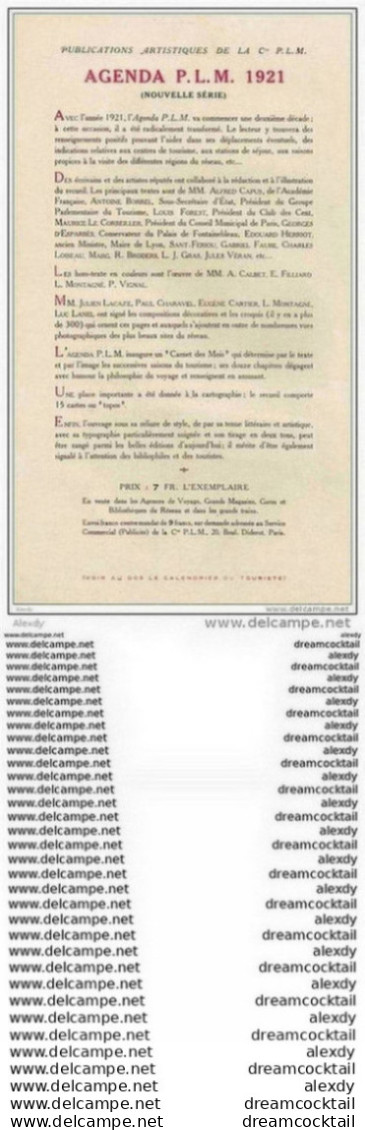 RARE CALENDRIER SUR FEUILLET DE 1921. Chemins De Fer Agenda PLM. Publications Paris Lyon Méditerranée - Grossformat : 1921-40