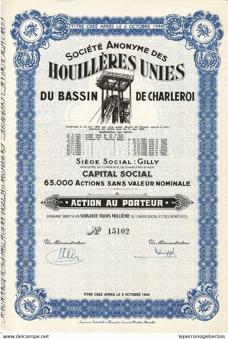 - Titre De 1946 - Société Anonyme Des Houillères Unies Du Bassin De Charleroi - Mines