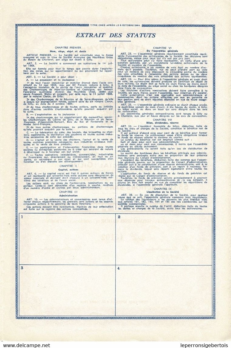 - Titre De 1946 - Société Anonyme Des Houillères Unies Du Bassin De Charleroi - Mines