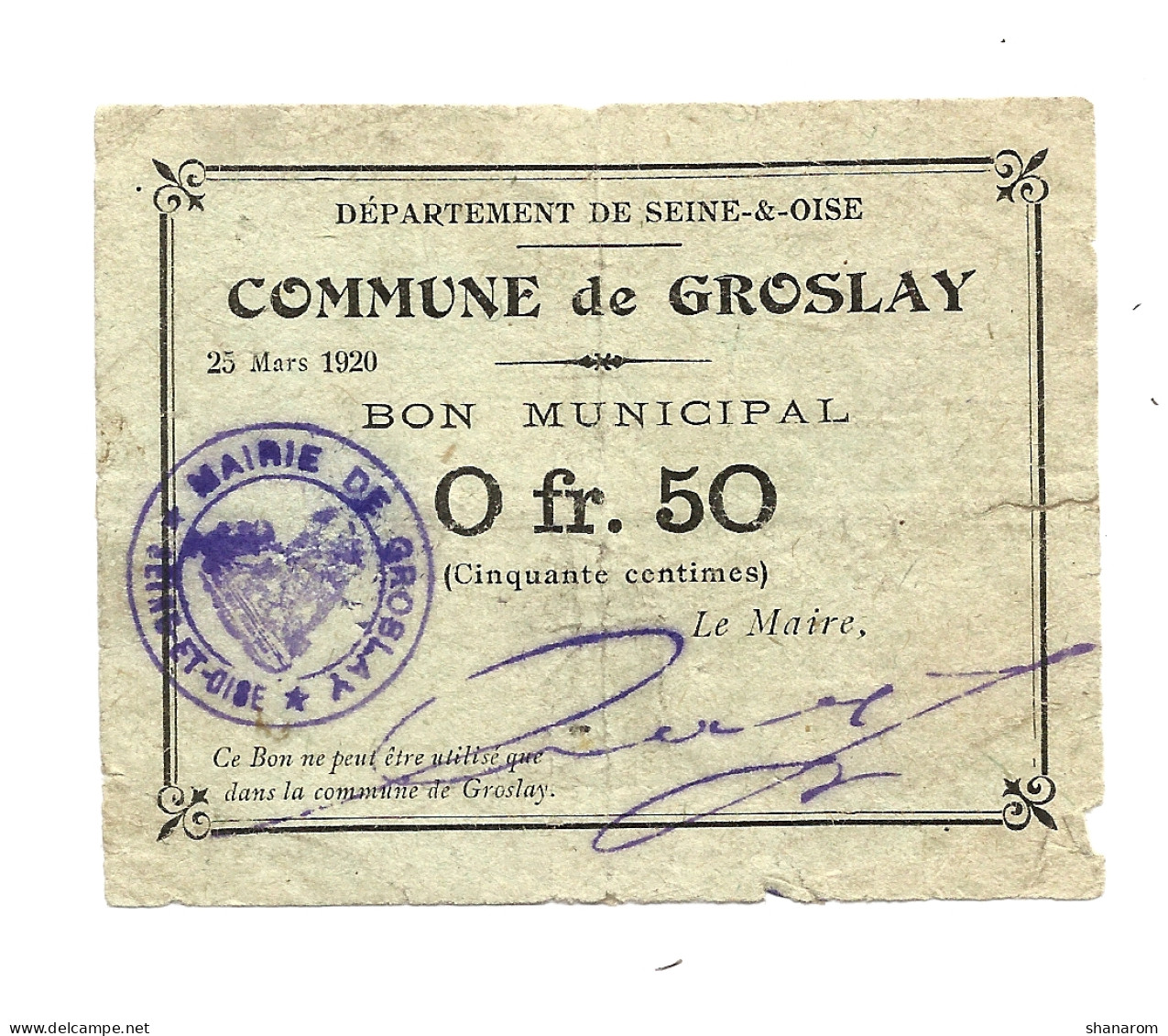 1920 // Ville De GROSLAY (Val D'Oise 95) // Bon Municipal De Cinquante Centimes - Bonds & Basic Needs