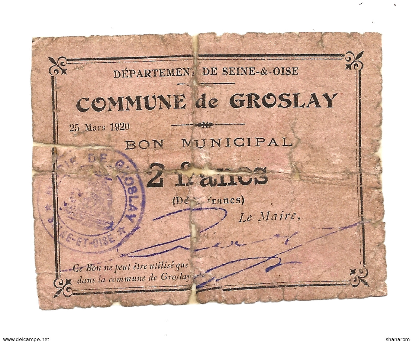 1920 // Ville De GROSLAY (Val D'Oise 95) // Bon Municipal De Deux Francs - Bonds & Basic Needs