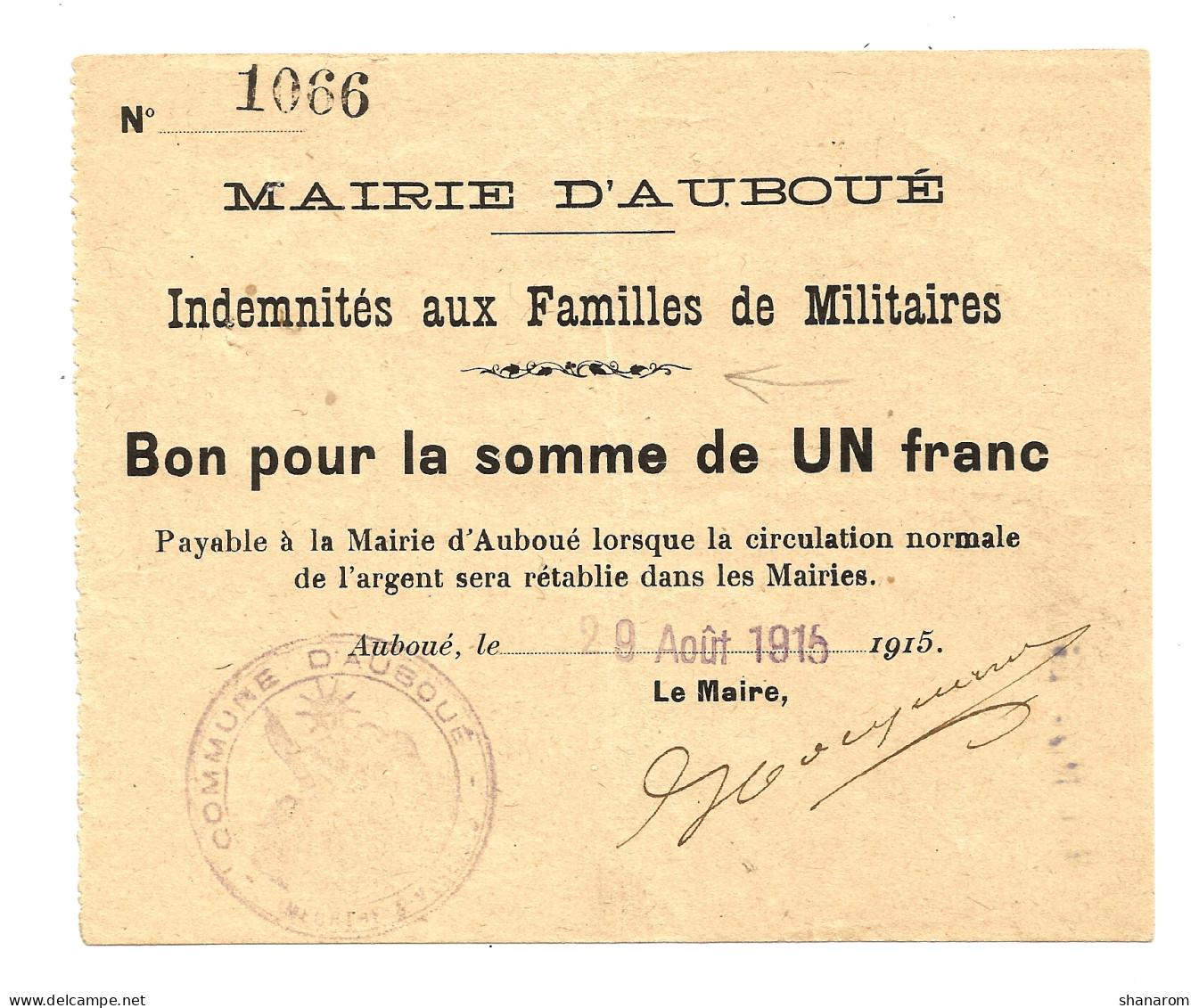 1914-1918 // Ville D'AUBOUE (Meurthe Et Moselle 54) // Indemnités Aux Familles De Militaires // Un Franc - Bonds & Basic Needs