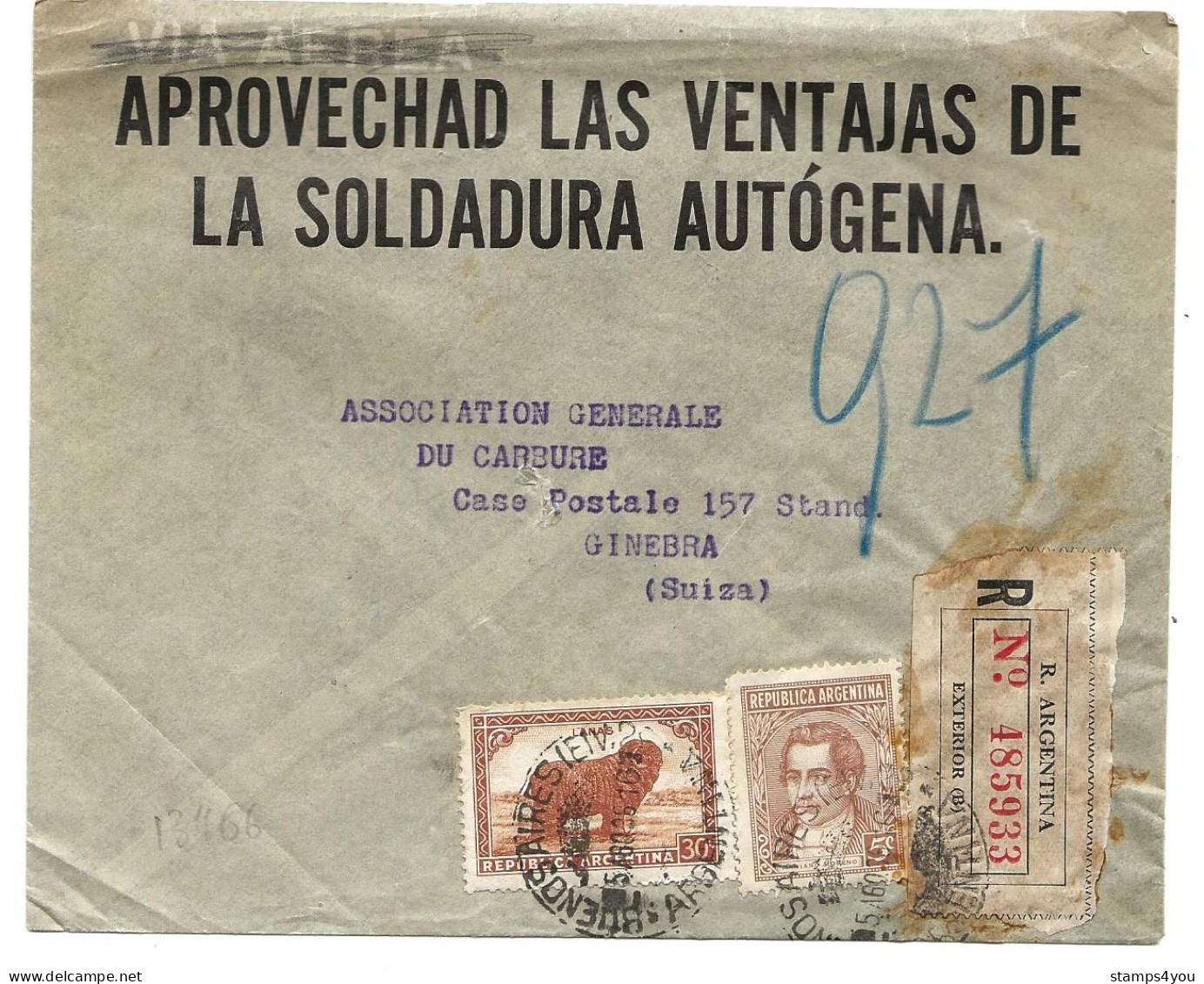 29 - 66 - Enveloppe Recommandée Envoyée De Buenos Aires En Suisse 1936 - Briefe U. Dokumente