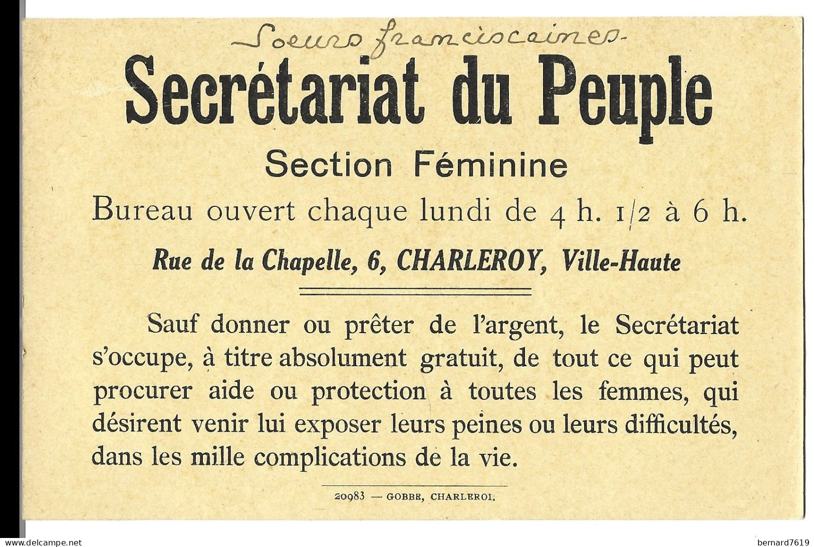 Belgique  - Scailmont   -  Pres Manage  - Facade  Du Chateau - Verso  Secretarit Du Peuple - Section Feminine  Charleroy - Manage