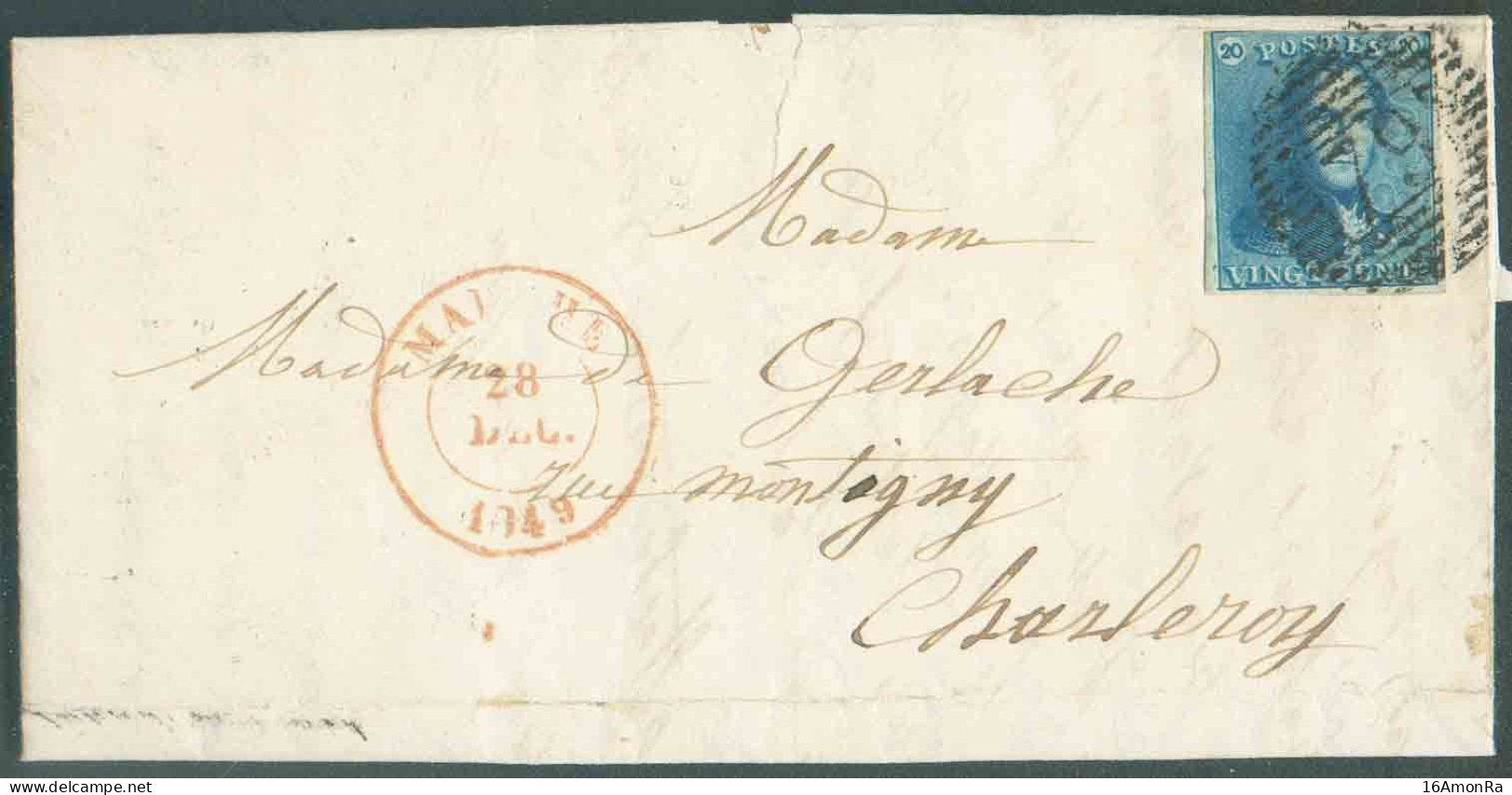 N°2 - Epaulette 20 Centimes Bleue, Obl. P.79 Sur Lettre De MARCHE Le 28 Décembre 1849 Vers Charleroy - 1849 Epauletten