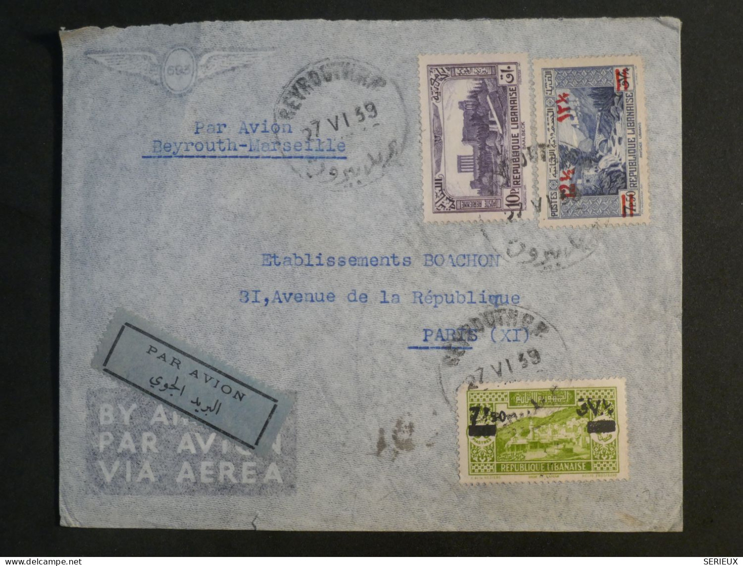S31  LIBAN    BELLE  LETTRE AIRMAIL   1939   BEYROUTH MARSEILLE  A  PARIS FRANCE   +N°160+SURCHARGE +AFF. INTERESSANT+ + - Brieven En Documenten