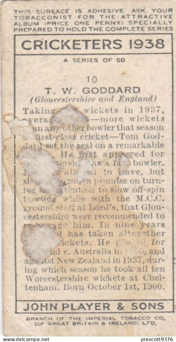 10 T Goddard, Gloucestershire - Cricketers 1938 -  Players Cigarettes - Original - Sport Cricket - Player's