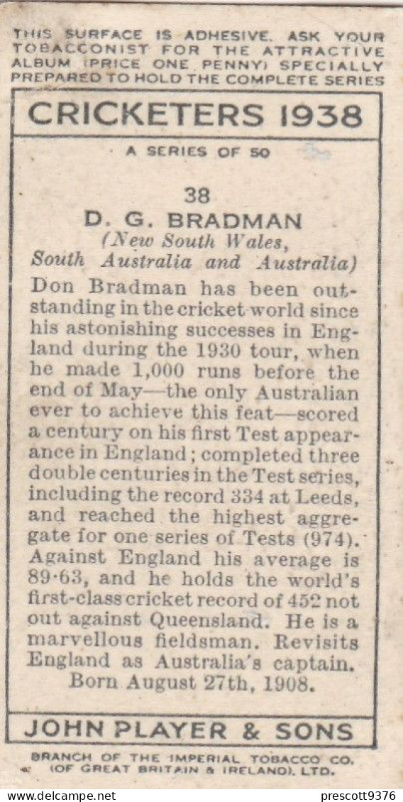 38 Don Bradman, New South Wales & Australia   - Cricketers 1938 -  Players Cigarettes - Original - Sport Cricket - Player's