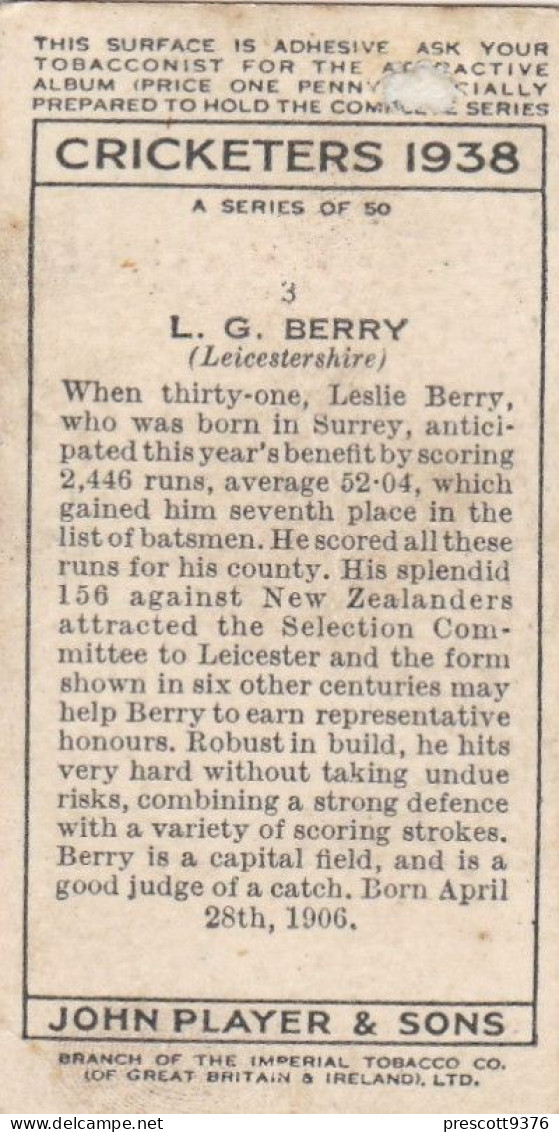 3 LG Berry, Leicestershire   - Cricketers 1938 -  Players Cigarettes - Original - Sport Cricket - Player's