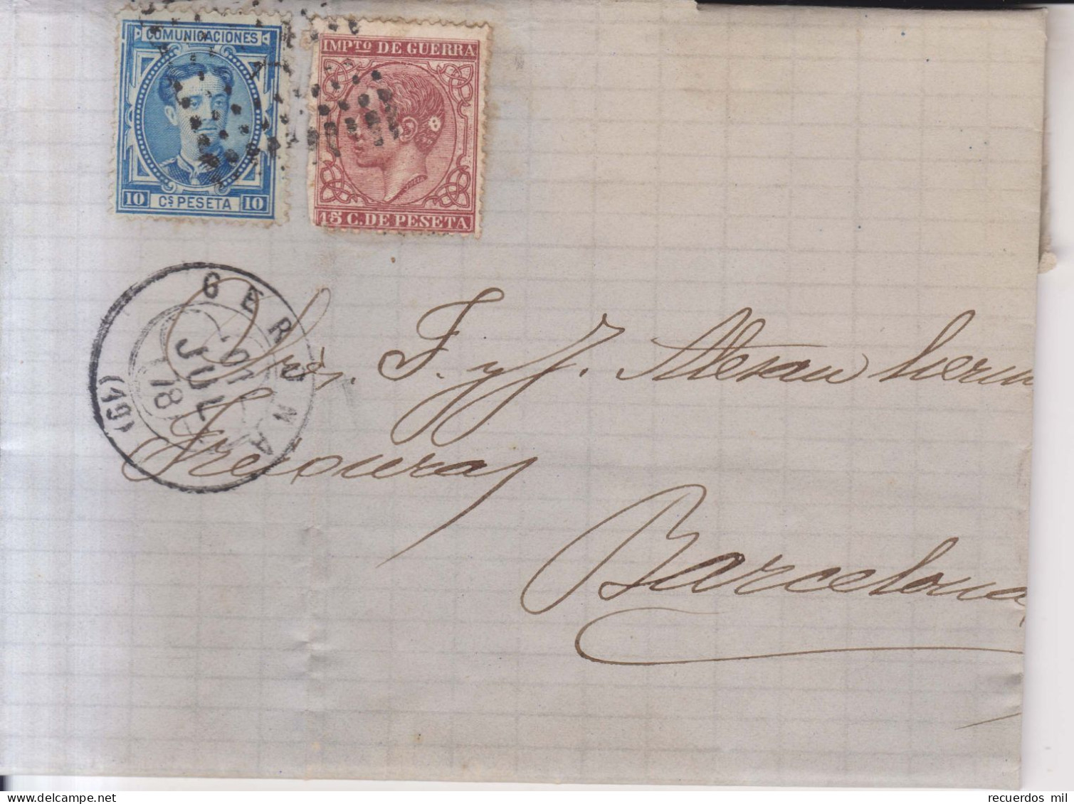 Año 1876 Edifil 175-188 Carta  Matasellos  Rombo Gerona  Membrete Martirian Ramio Perapau - Covers & Documents