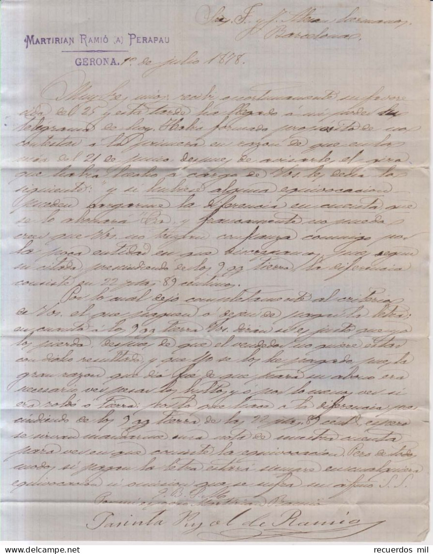 Año 1876 Edifil 175-188 Carta  Matasellos  Rombo Gerona  Membrete Martirian Ramio Perapau - Cartas & Documentos