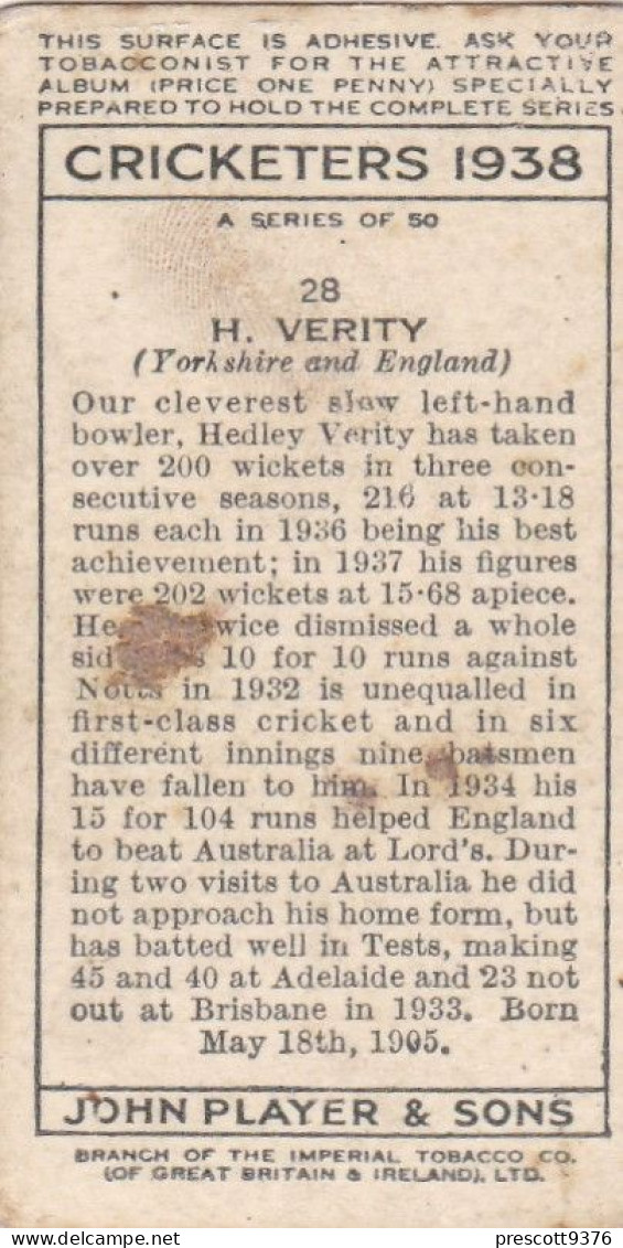 28 Hedley Verity, Yorkshire   - Cricketers 1938 -  Players Cigarettes - Original - Sport Cricket - Player's