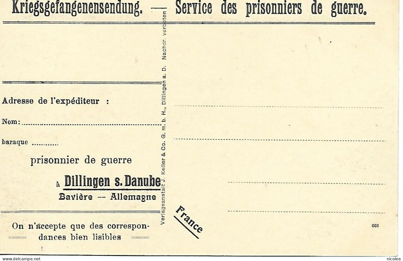 WW1 1914-18 KRIEGSGEFANGENENSENDUNG SERVICE DES PRISONNIERS DE GUERRE CPA DILLINGEN DON VIERGE PARFAIT ETAT - Dillingen