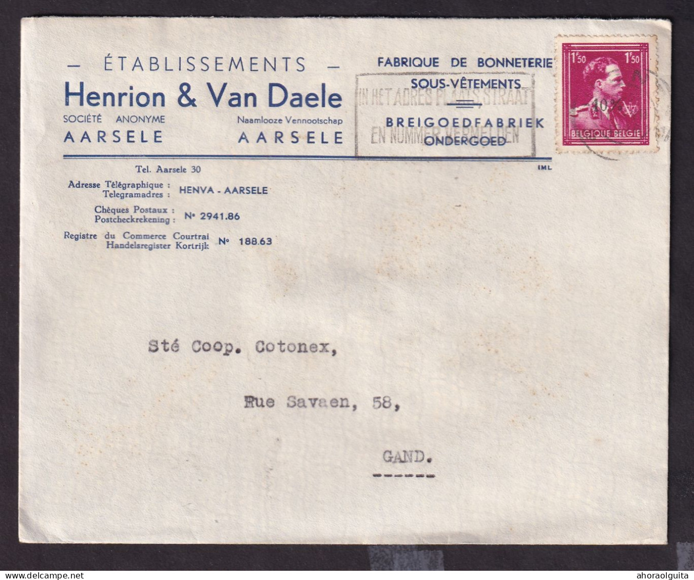 DDEE 749 -- Enveloppe TP Moins 10 % Surcharge Locale AARSELE 1946 - Entete Ets Henrion § Van Daele + 1 X Idem GENT - 1946 -10%