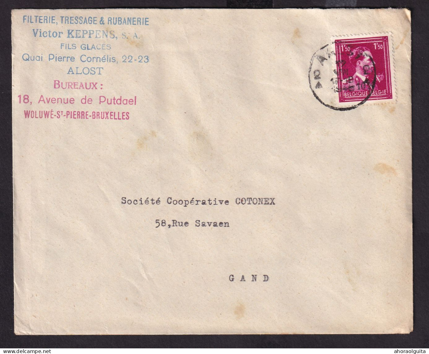 DDEE 752 -- Enveloppe TP Moins 10 % Surcharge Typo AALST 2 En 1946 - Cachet Filterie,Tressage, Rubannerie Victor Keppens - 1946 -10%