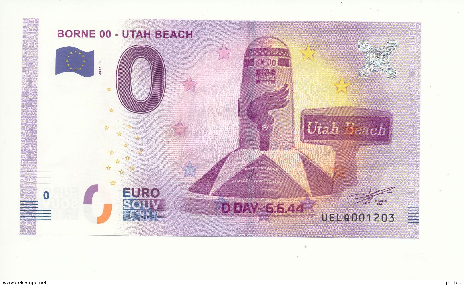 Billet Touristique  0 Euro - BORNE 00 - UTAH BEACH - UELQ - 2017-1 - N° 1203 - Billet épuisé - Otros & Sin Clasificación