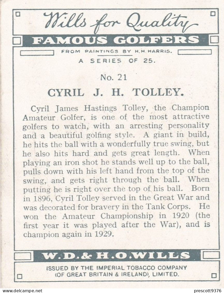 21 Cyril Tolley - Famous Golfers -  Wills Cigarettes - Original - L Size - Sport Golf - Wills