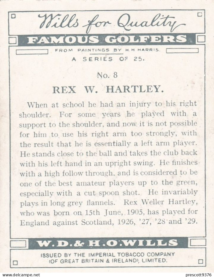 8 Rex Hartley - Famous Golfers -  Wills Cigarettes - Original - L Size - Sport Golf - Wills
