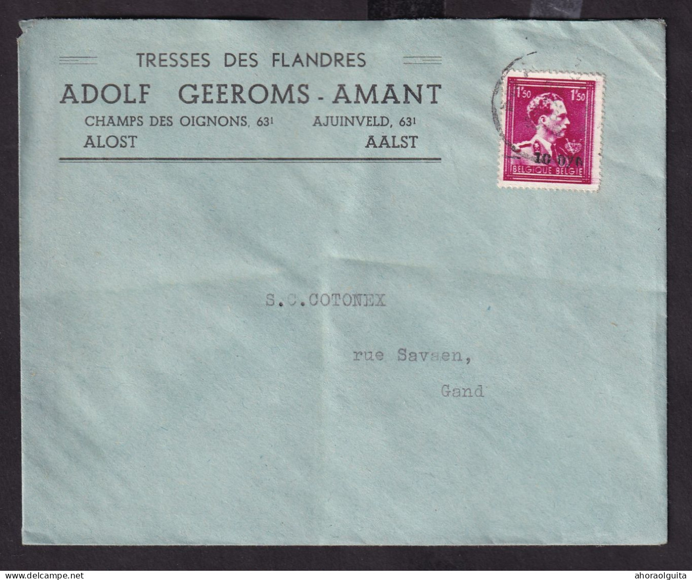 DDEE 755 -- Enveloppe TP Moins 10 % Surcharge Locale AALST 1946- Entete Tresses Des Fflandres Adolf Geeroms - Amant - 1946 -10%