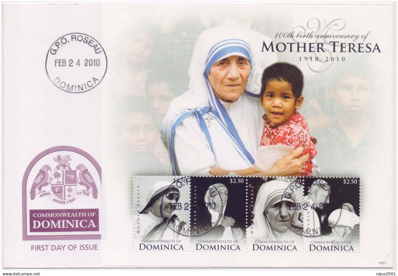 Mother Teresa With Child, Saint, Religion, Peace, Nobel Prize, Famous Women, Dominica Souvenir Sheet FDC - Mère Teresa