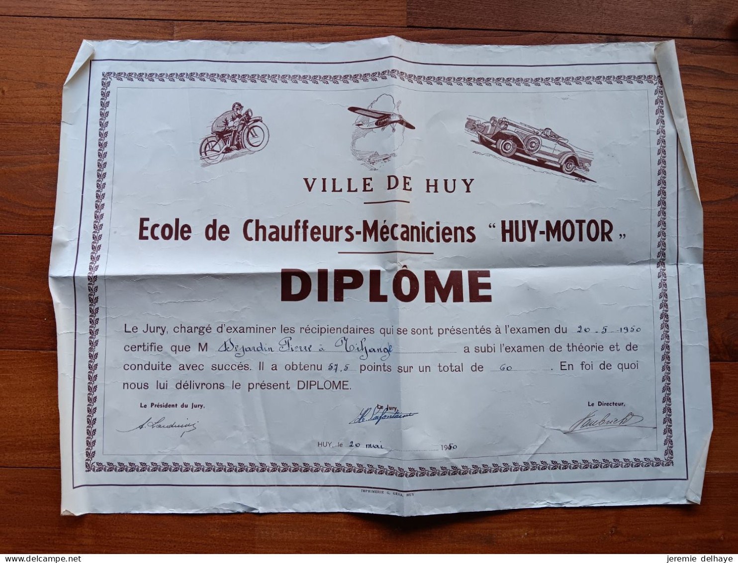 Belgique - Diplôme : Ville De Huy, école De Chauffeurs-mécaniciens "Huy-Motor" (Tihange, 1950) - Diplômes & Bulletins Scolaires