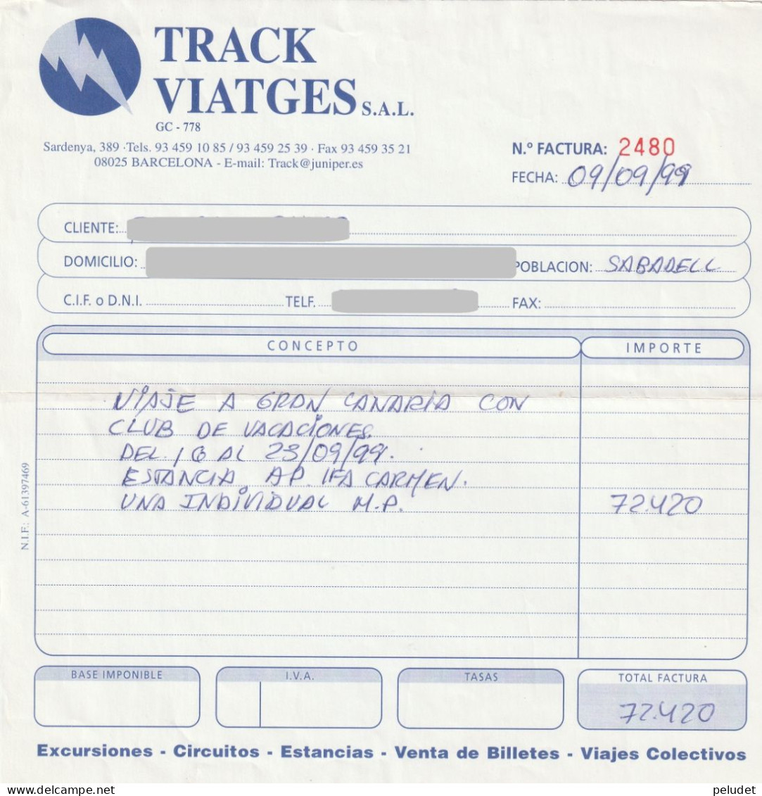Factura / Bill / Facture -- Track Viatges - 1999 - Spanien