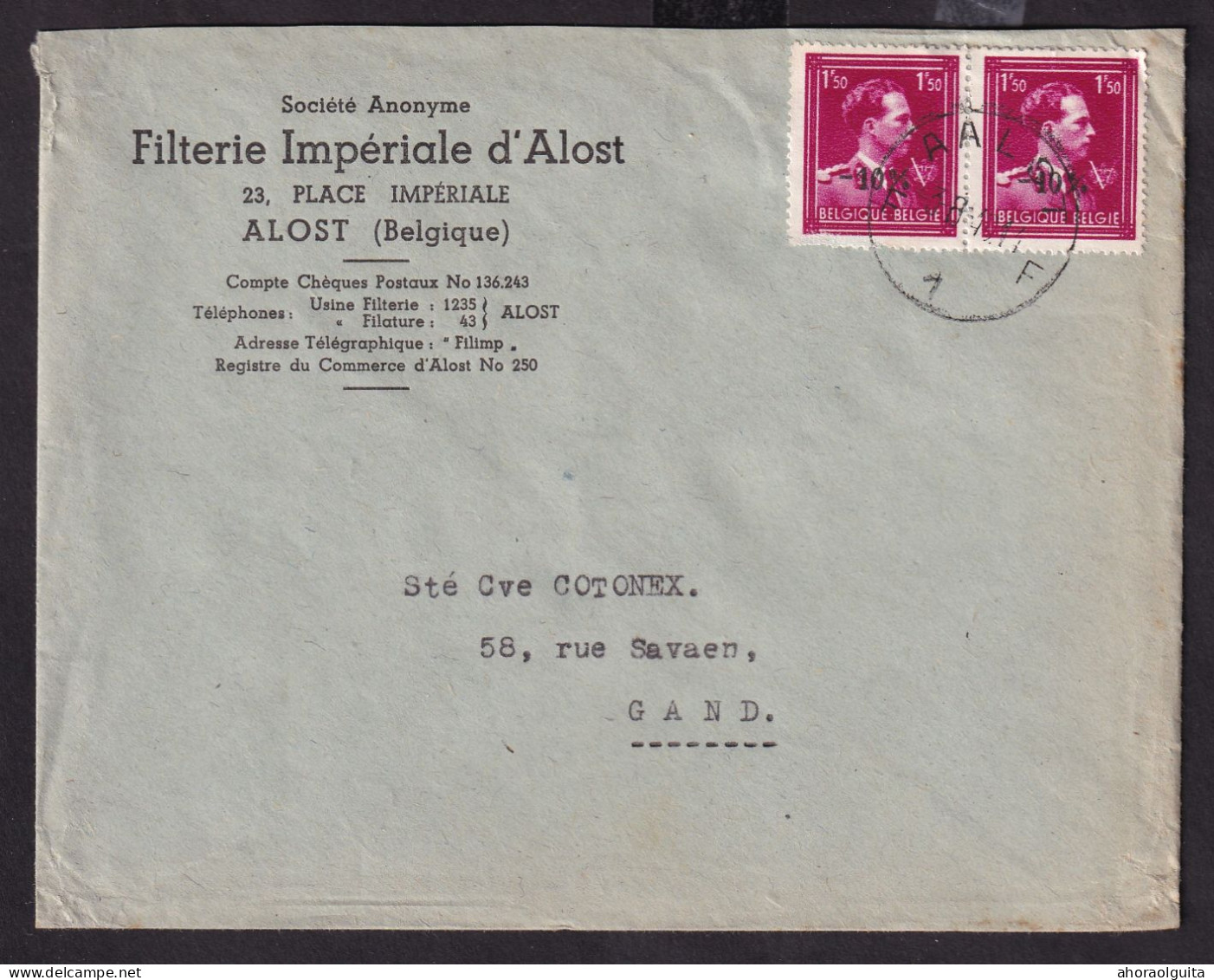 DDEE 768 -- 2 X Enveloppe Paire TP Moins 10 % Surcharge Typo AALST 1 Et 2 En 1946 - Entete Filterie Impériale D' ALOST - 1946 -10%