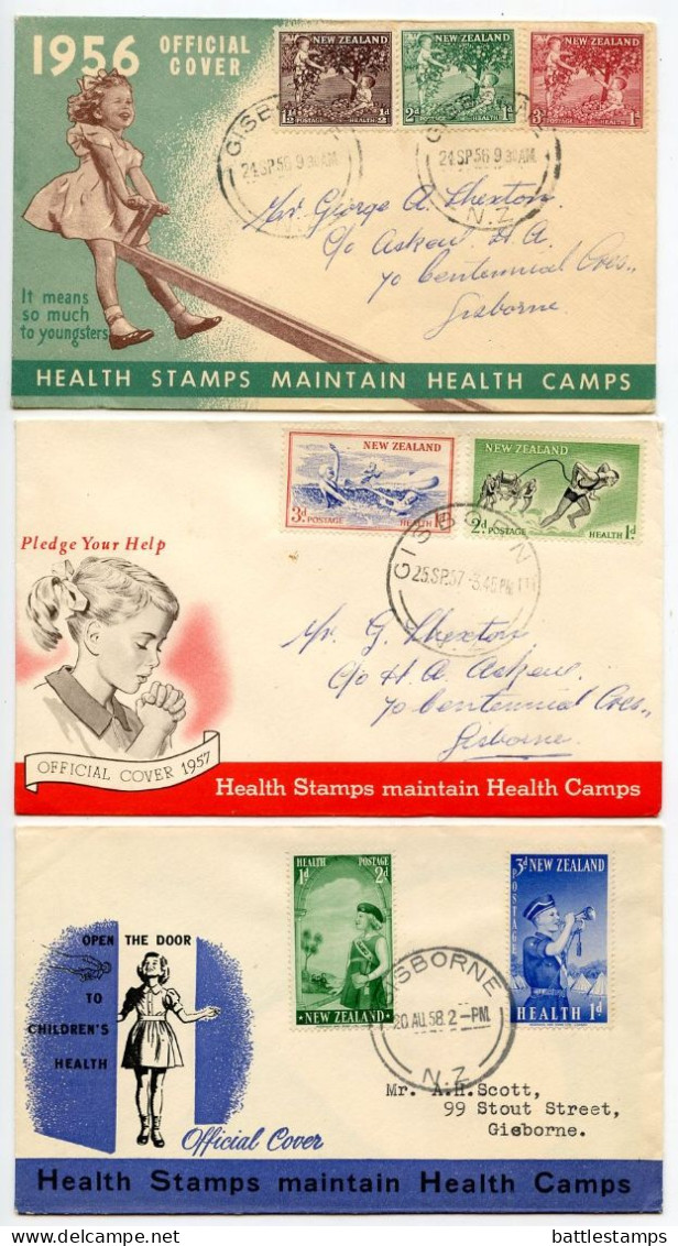 New Zealand 1956-58 3 FDCs Scott B49-B51, B52-B53, B54-B55 Health Stamps For Health Camps; Gisborne Postmarks - FDC