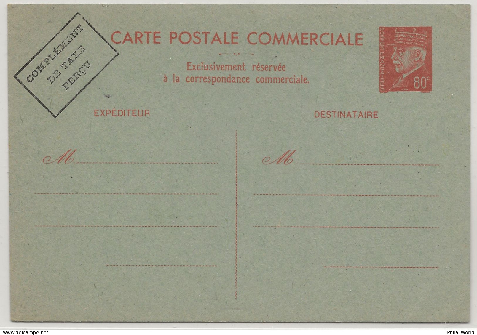 WW2 - Entier Postal PETAIN CP COMMERCIALE Complément Taxe Perçue - Guerre Mondiale (Seconde)