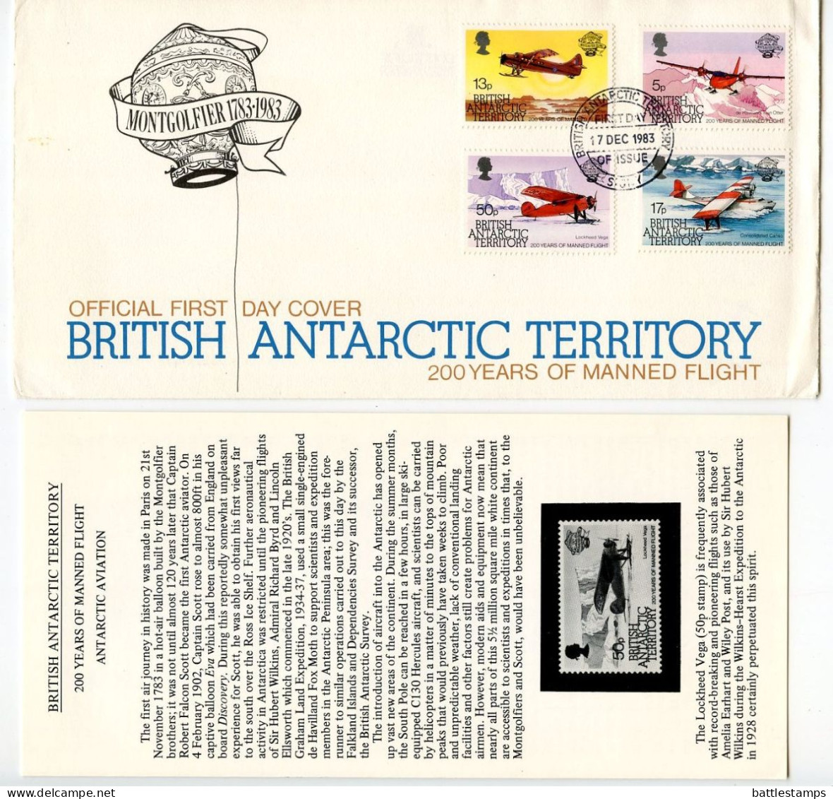 British Antarctic Territory 1983 FDC Scott 117-120 Manned Flight Bicentenary - Airplanes - FDC