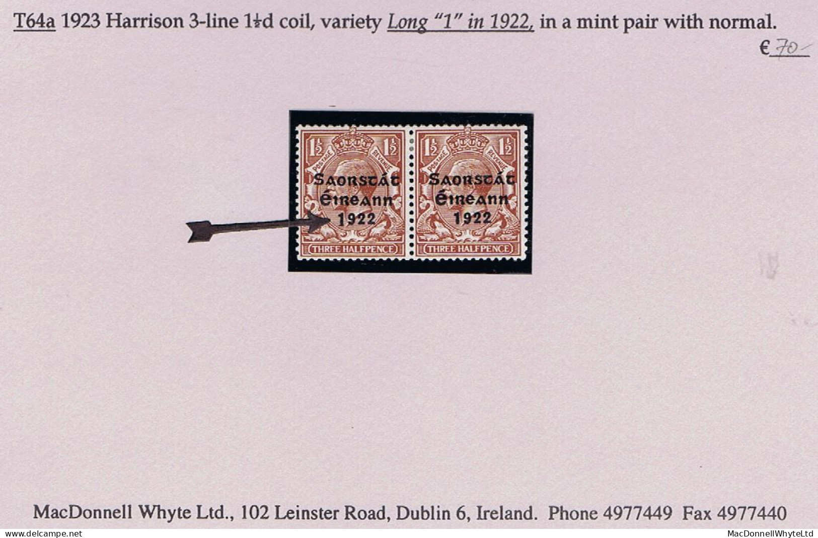 Ireland 1923 Harrison Saorstat Coils 1½d Brown Variety "Long 1 In 1922" Left Stamp Of Horizontal Pair Mint Hinged - Unused Stamps