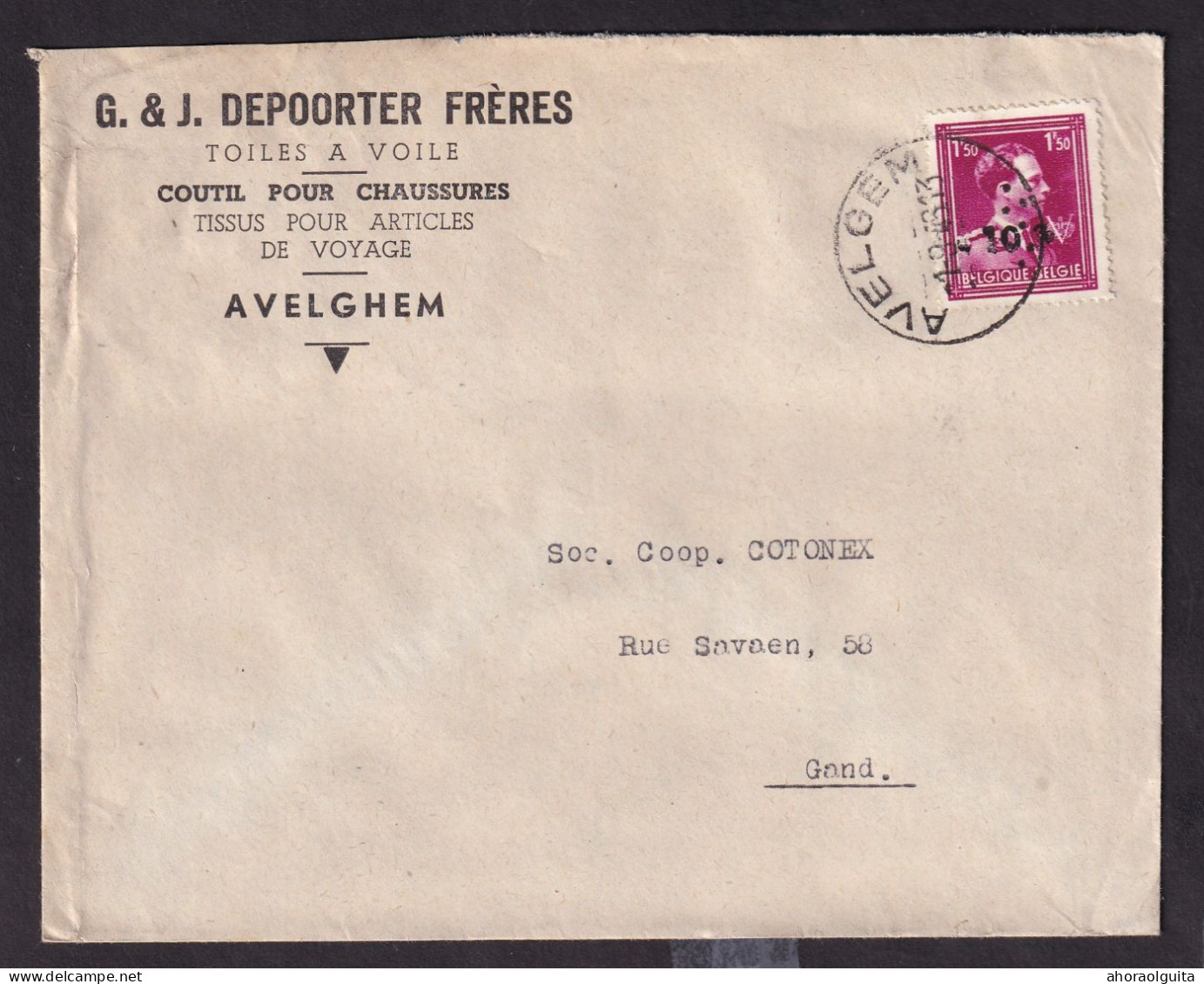 DDEE 777 -- Enveloppe TP Moins 10 % Surcharge Locale AVELGEM 1946 - Entete Toiles, Coutils, Tissus Depoorter Frères - 1946 -10%