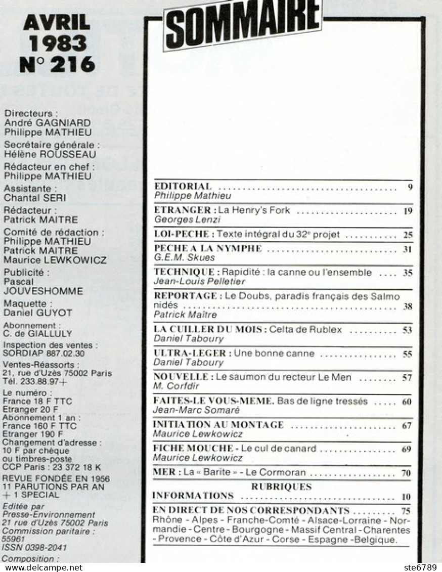 PLAISIRS DE LA PECHE N° 216 De 1983 Le Doubs Salmonidés , La Henry's Fork - Fischen + Jagen