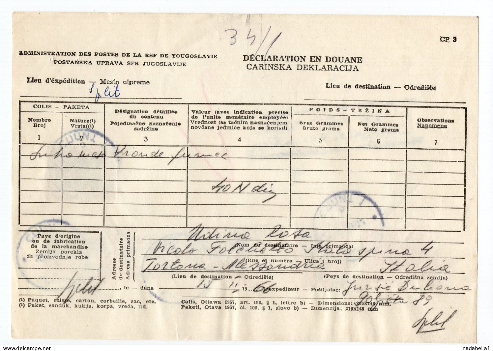 1966. YUGOSLAVIA,CROATIA,SPLIT,CUSTOMS RECEIPT - Briefe U. Dokumente