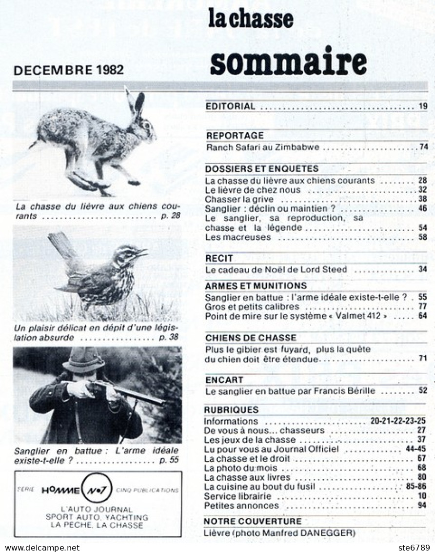 La Revue Nationale De LA CHASSE N° 423 Décembre 1982 Lievre , La Grive , Le Sanglier , - Chasse & Pêche