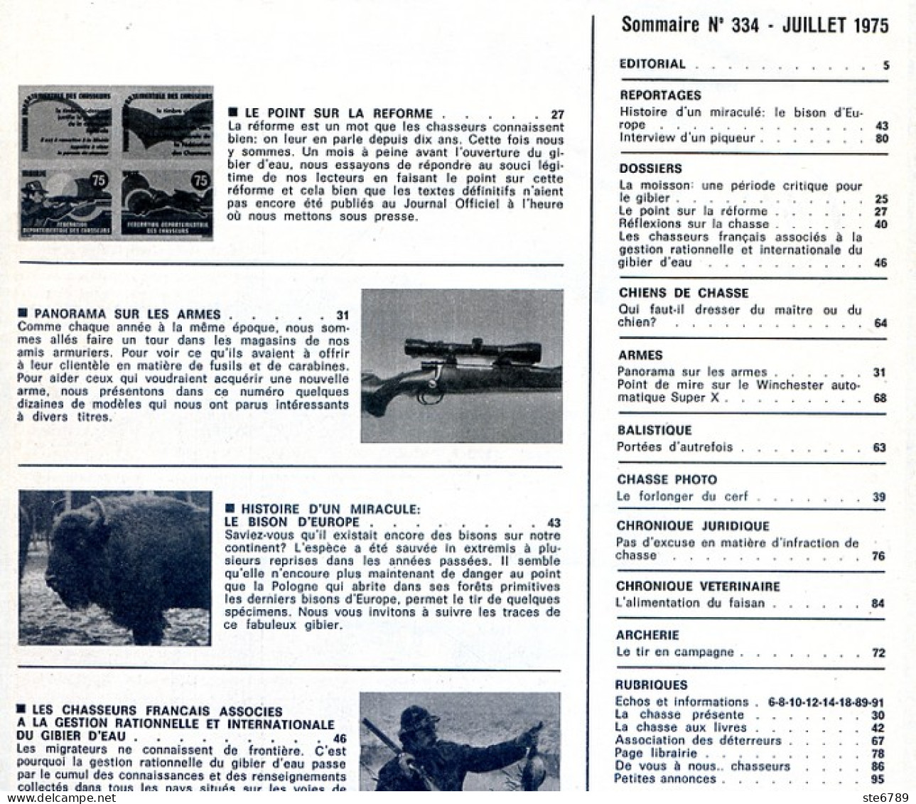 La Revue Nationale De LA CHASSE N° 334 Juillet 1975 Canards Plongeurs , Armes , Bisons D'Europe - Jagen En Vissen