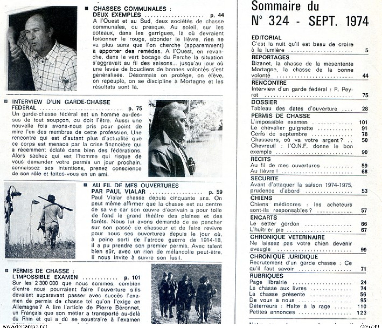 La Revue Nationale De LA CHASSE N° 324 Septembre 1974 Bizanet , Setter Gordon , Chasses Communales - Hunting & Fishing