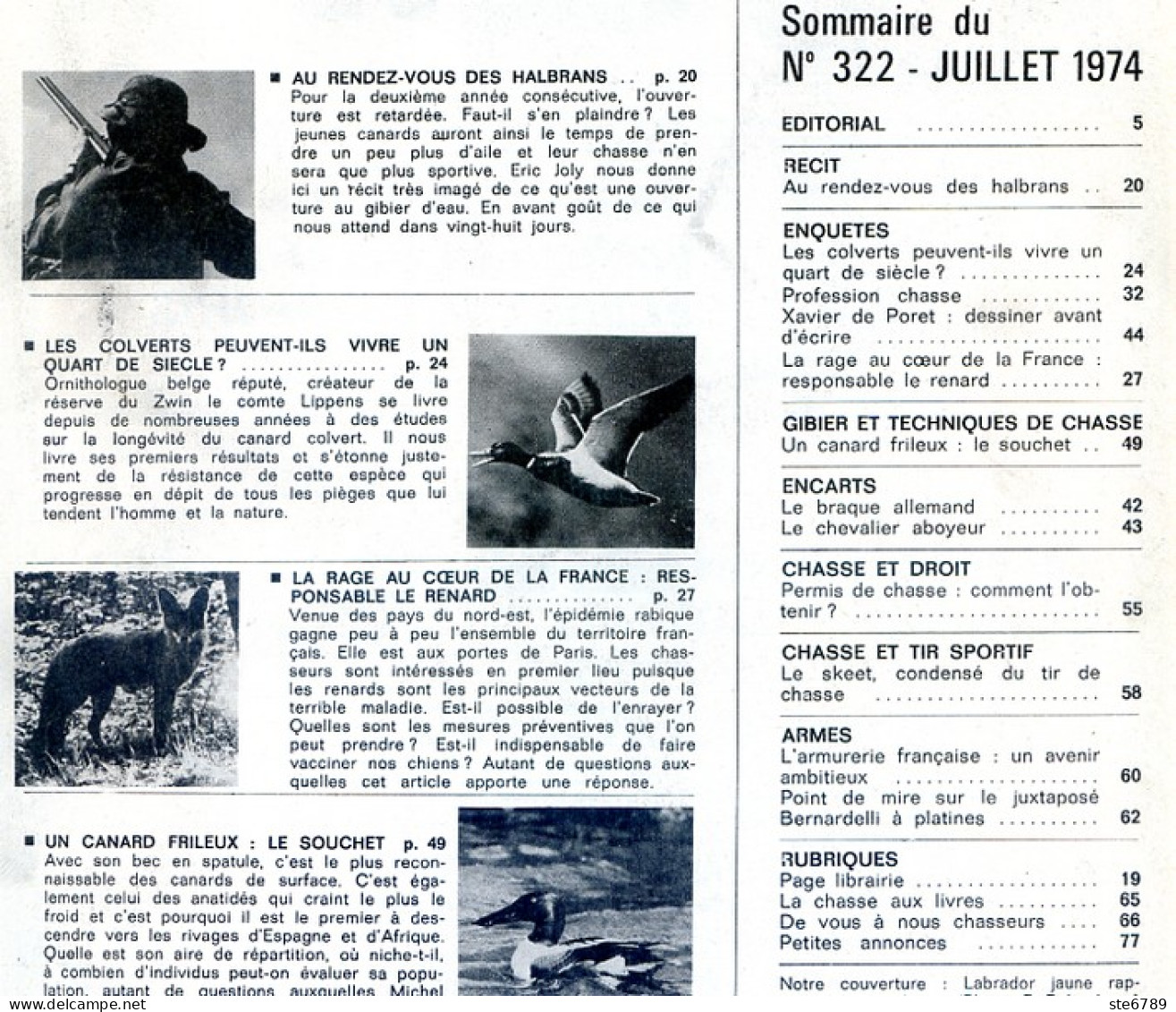 La Revue Nationale De LA CHASSE N° 322 Juillet 1974 Colverts , Rage Renard , Le Souchet , Tir Le Skeet - Chasse & Pêche