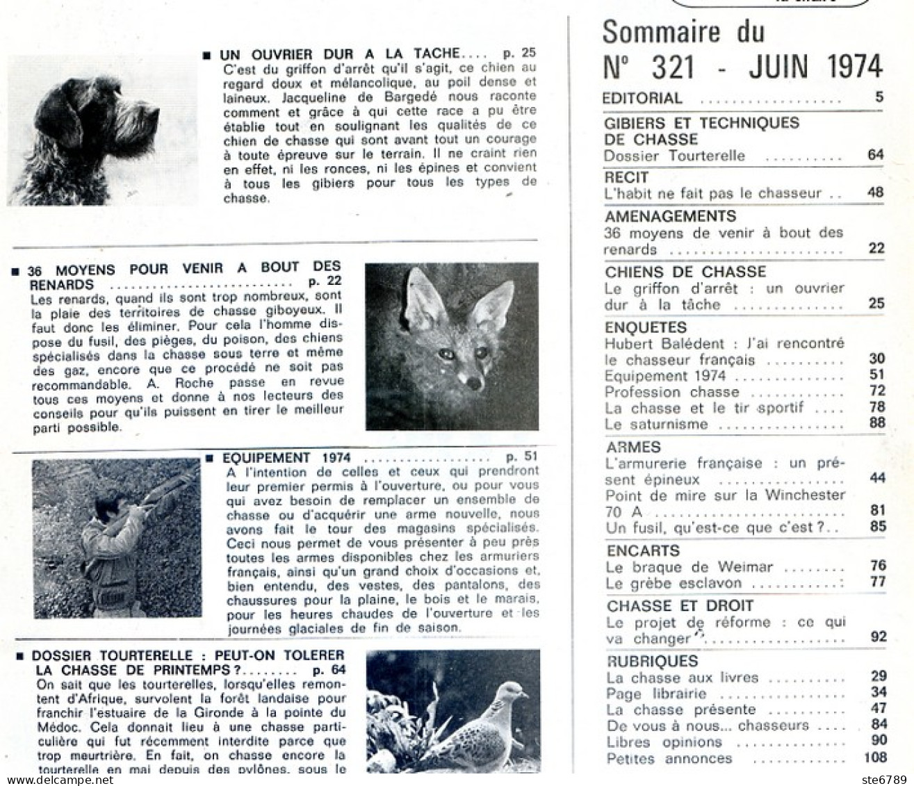 La Revue Nationale De LA CHASSE N° 321 Juin 1974 Tourterelle , Griffon D'arret , Armes Et Munitions , - Hunting & Fishing