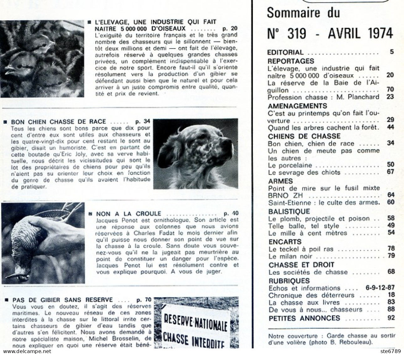 La Revue Nationale De LA CHASSE N° 319 Avril 1974 Chien Porcelaine , Fusil BRNO ZH , Réserves Maritimes - Fischen + Jagen