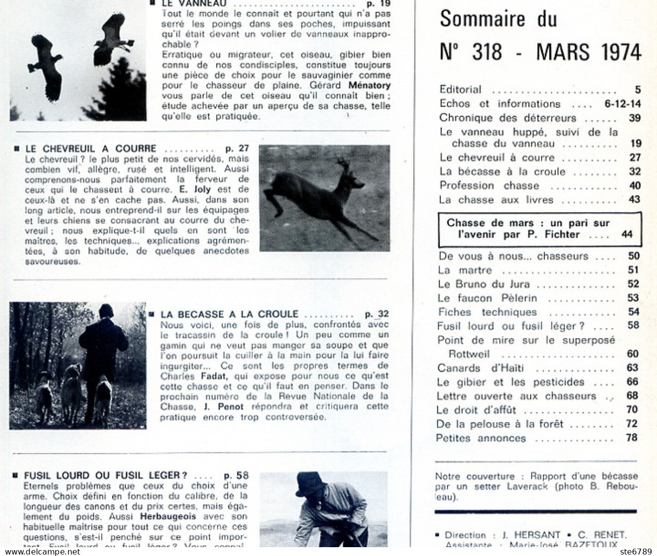 La Revue Nationale De LA CHASSE N° 318 Mars 1974 Vanneau , Chevreuil à Courre , La Bécasse à La Croule - Fischen + Jagen