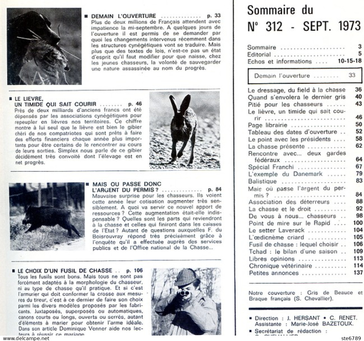 La Revue Nationale De LA CHASSE N° 312 Septembre 1973 Le Lievre , Choix Fusil De Chasse - Chasse & Pêche