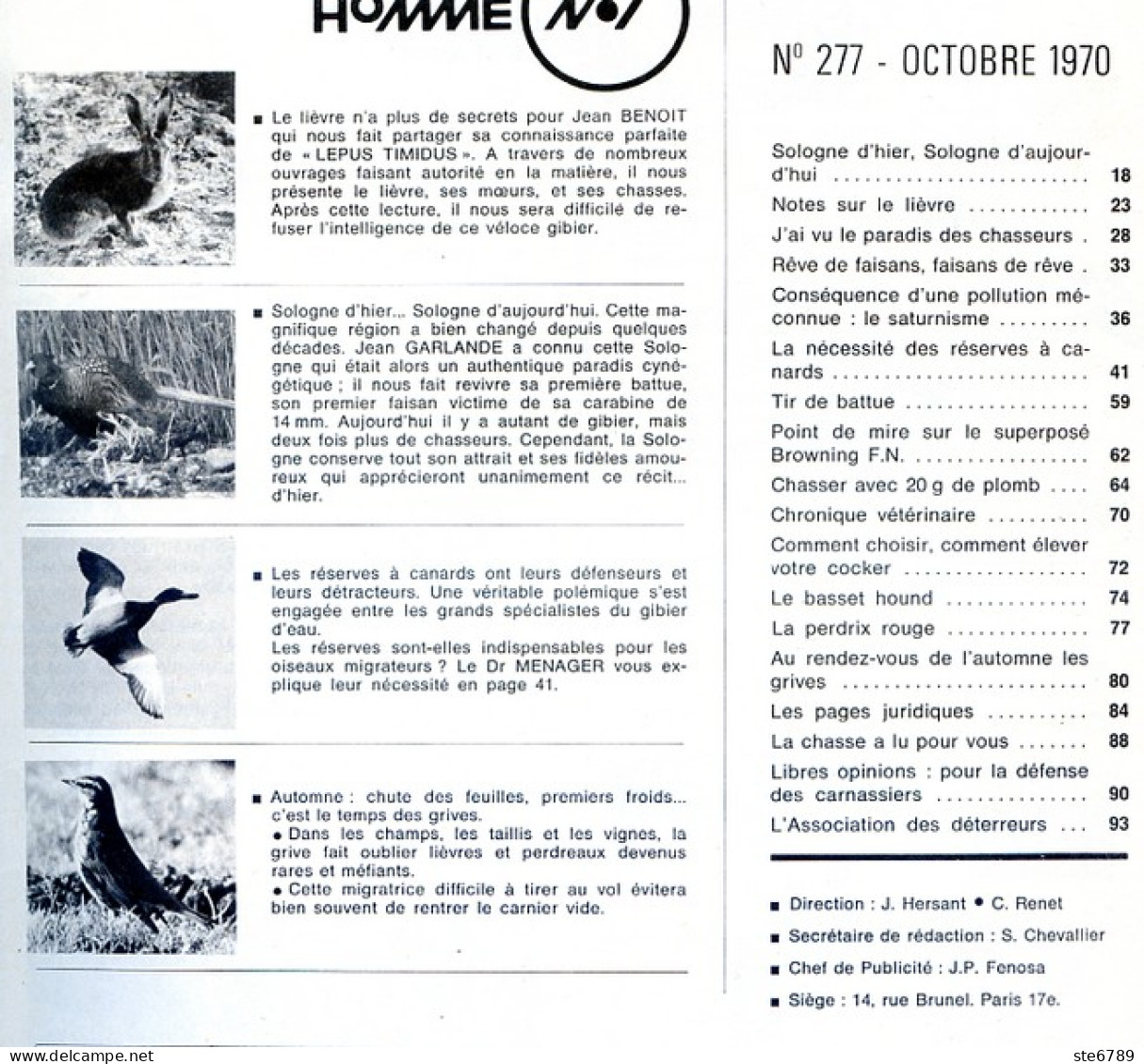 La Revue Nationale De LA CHASSE N° 277 Octobre 1970 Chasses Du Faisan , Lievre , Sologne , Réserves à Canards - Jagen En Vissen