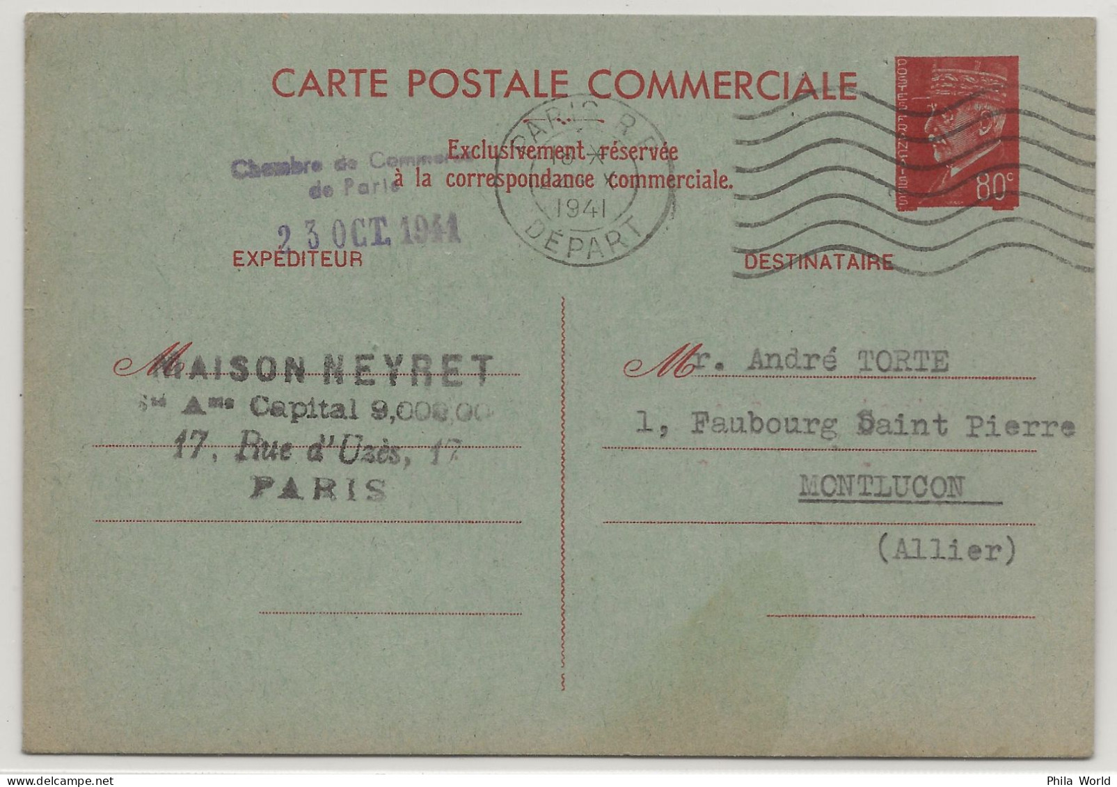 WW2 - Entier Postal PETAIN CP COMMERCIALE 1941 PARIS RP DEPART MONTLUCON Allier Chambre Commerce - WW2