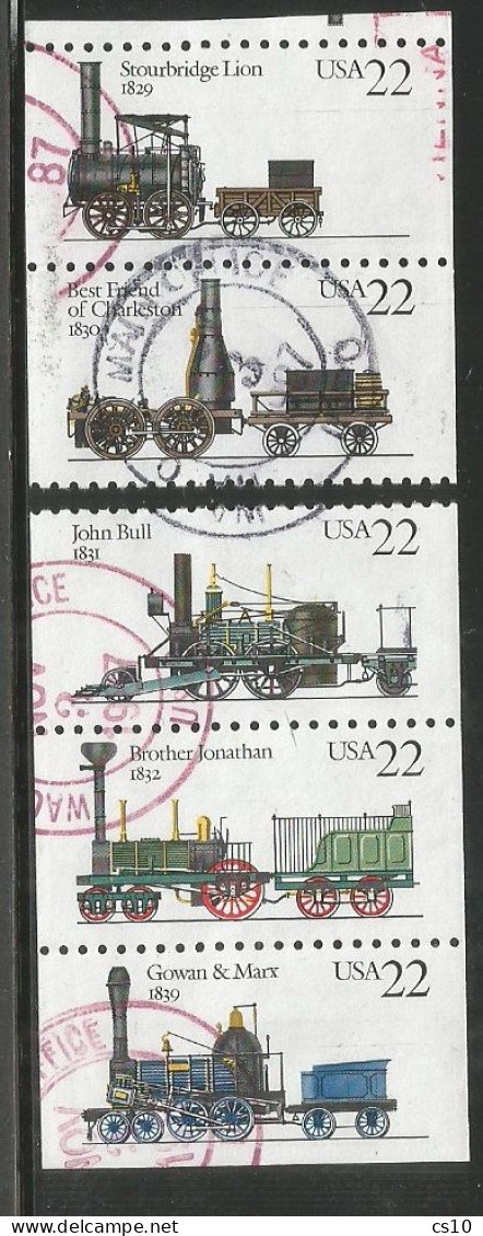 USA 1987 Locomotives SC.# 2362/66 Cpl 5v Set From Booklet In Pair + Strip3 - VFU Condition ( From The Same Franking ) - Multiples & Strips