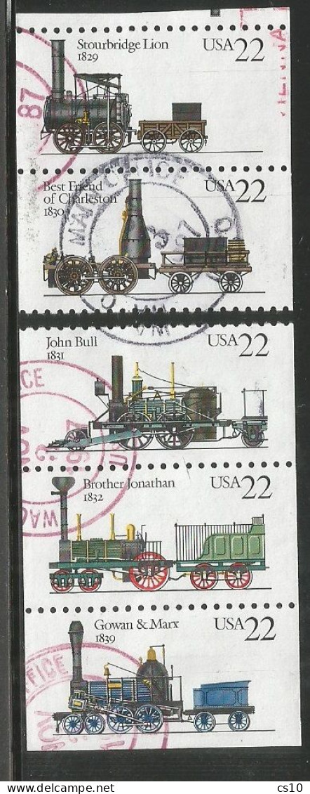 USA 1987 Locomotives SC.# 2362/66 Cpl 5v Set From Booklet In Pair + Strip3 - VFU Condition ( From The Same Franking ) - Stroken En Veelvouden