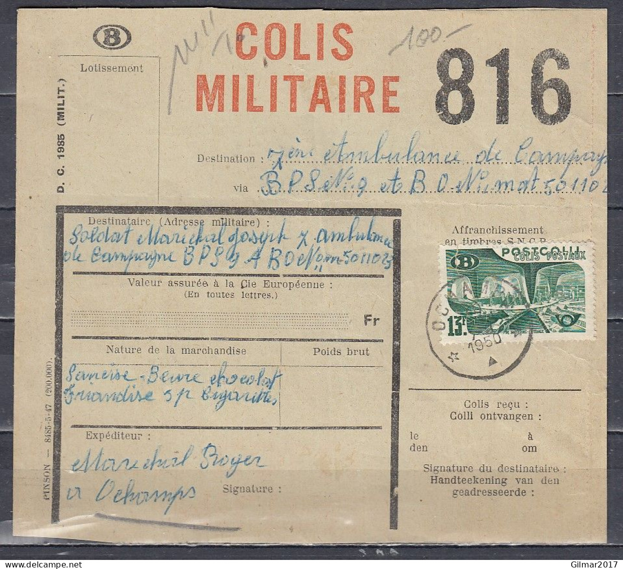 Vrachtbrief Met Sterstempel OCHAMPS Colis Militaire - Dokumente & Fragmente