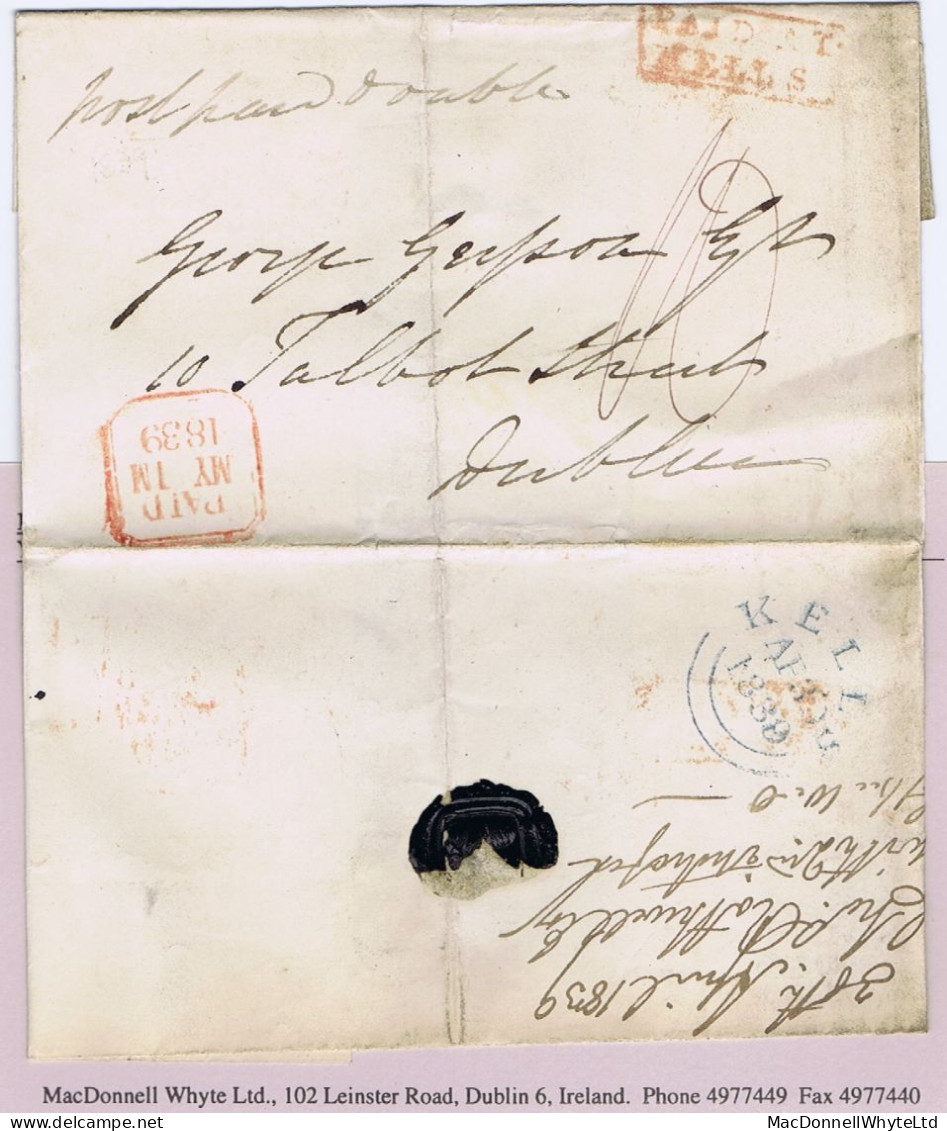 Ireland Meath 1839 Cover Kells To Dublin "Postpaid Double 10" With Boxed PAID AT/KELLS In Red, Blue KELLS AP 30 1839 Cds - Prefilatelia