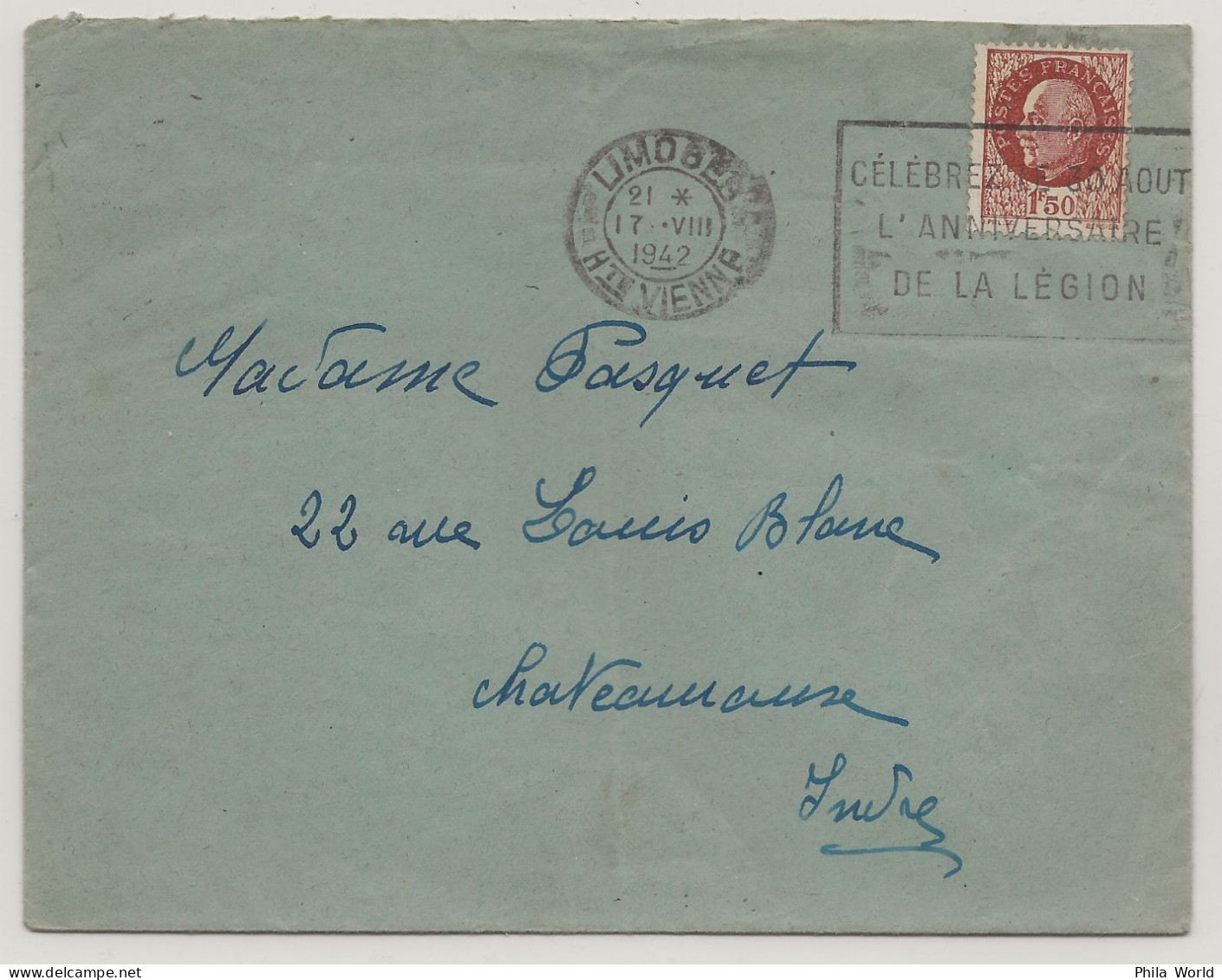 WW2 - Lettre 1,50 F PETAIN Oblitération Mécanique LIMOGES Haute Vienne CELEBREZ ANNIVERSAIRE LEGION CHATEAUROUX Indre - WW2